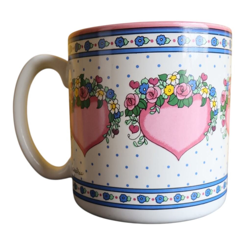 Vintage Peaches Heart Floral Mug 1989 Korea Coffee Cup Cottagecore Romantic